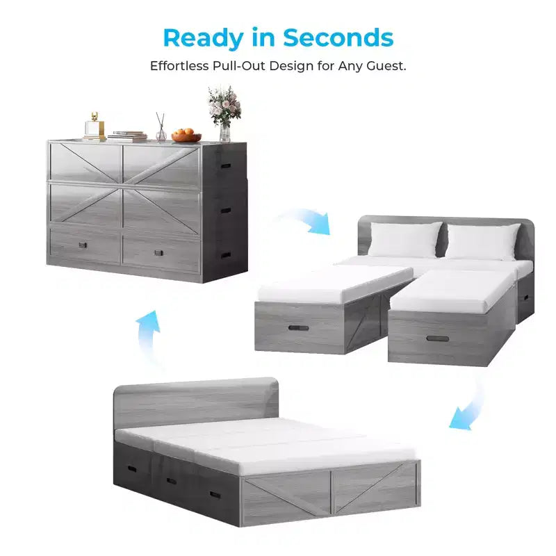 Letto Murphy trasformabile a grandezza naturale con materasso e cassetti, senza sponde, 4 finiture, telaio in legno massello