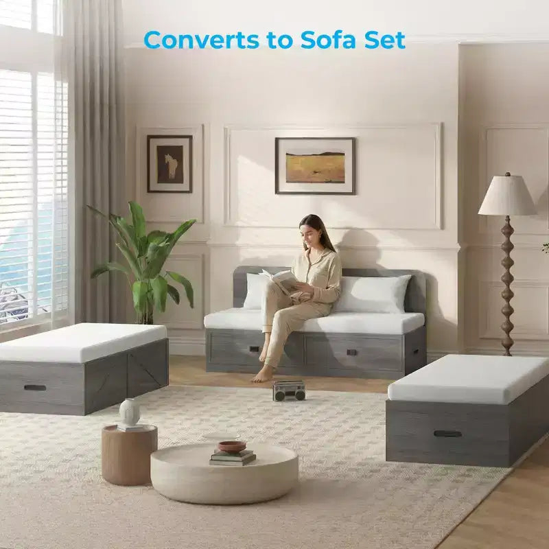 Letto Murphy trasformabile a grandezza naturale con materasso e cassetti, senza sponde, 4 finiture, telaio in legno massello