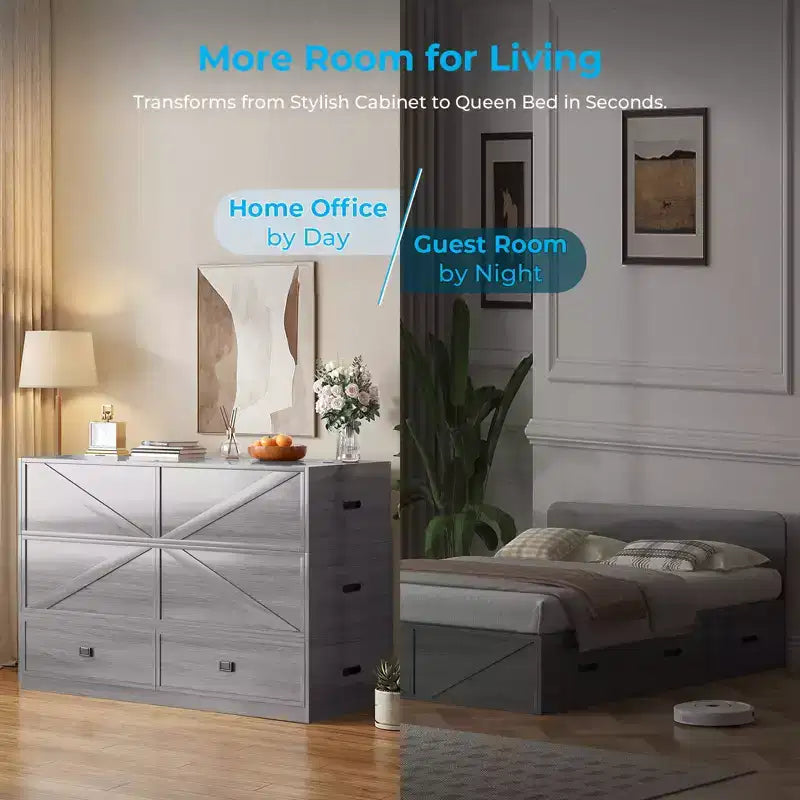 Letto Murphy trasformabile a grandezza naturale con materasso e cassetti, senza sponde, 4 finiture, telaio in legno massello