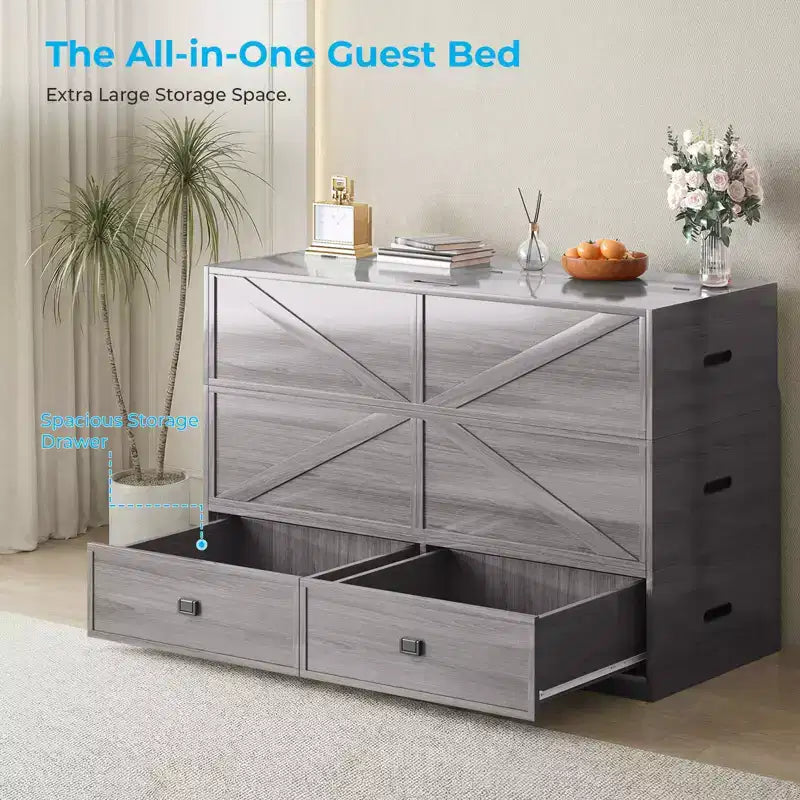 Letto Murphy trasformabile a grandezza naturale con materasso e cassetti, senza sponde, 4 finiture, telaio in legno massello