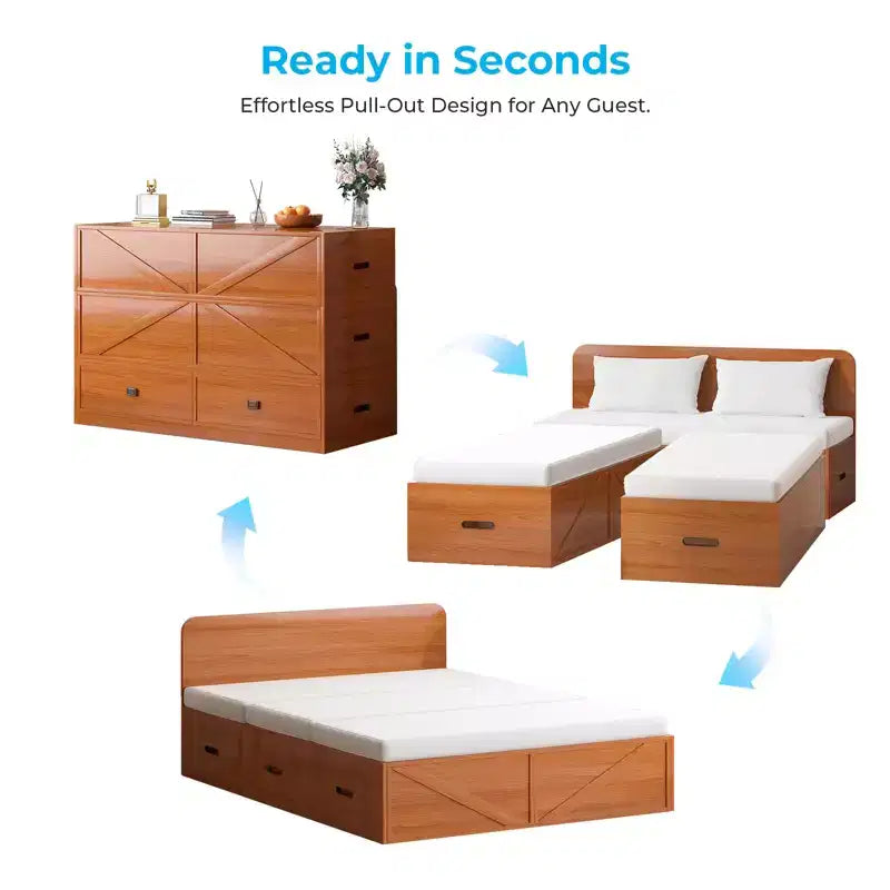 Letto Murphy trasformabile a grandezza naturale con materasso e cassetti, senza sponde, 4 finiture, telaio in legno massello