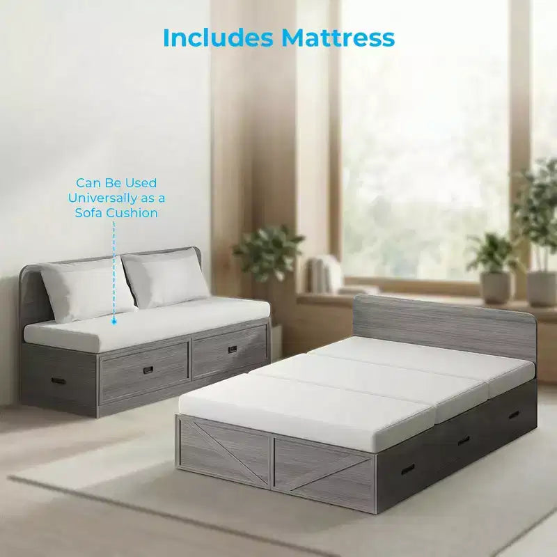 Letto Murphy trasformabile a grandezza naturale con materasso e cassetti, senza sponde, 4 finiture, telaio in legno massello