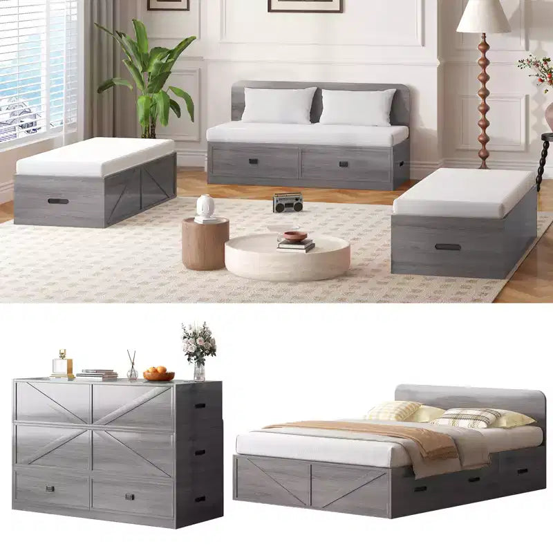 Letto Murphy trasformabile a grandezza naturale con materasso e cassetti, senza sponde, 4 finiture, telaio in legno massello