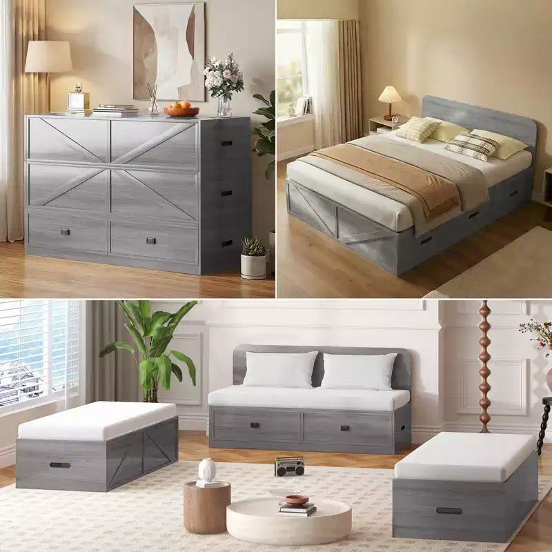 Letto Murphy trasformabile a grandezza naturale con materasso e cassetti, senza sponde, 4 finiture, telaio in legno massello