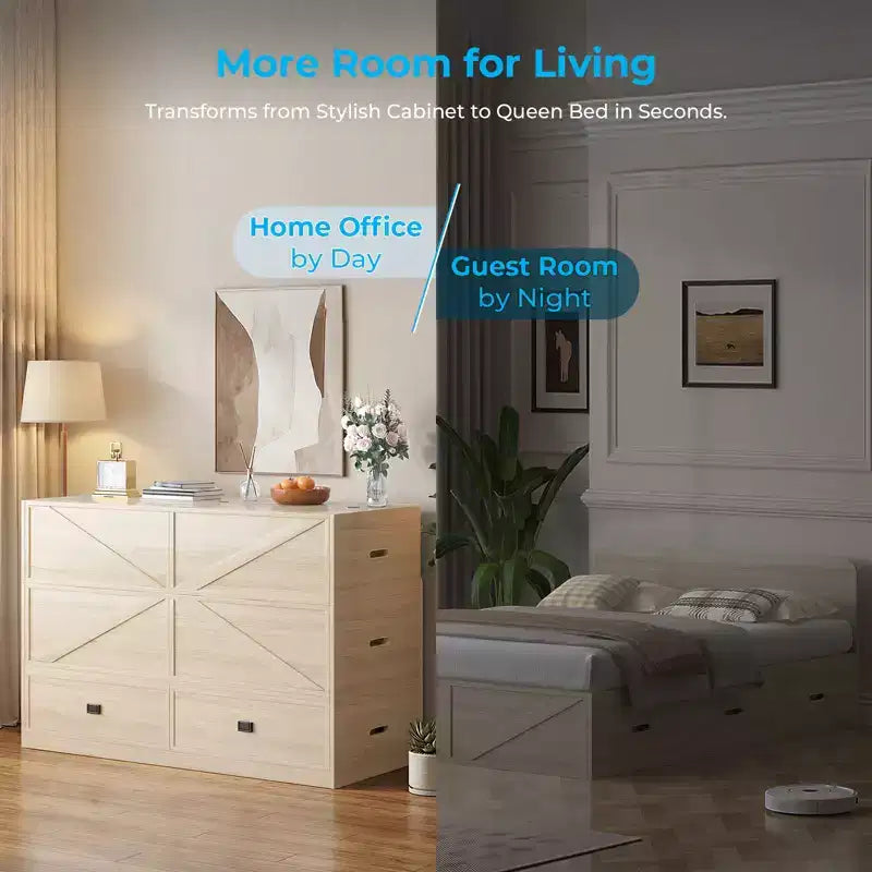 Letto Murphy trasformabile a grandezza naturale con materasso e cassetti, senza sponde, 4 finiture, telaio in legno massello