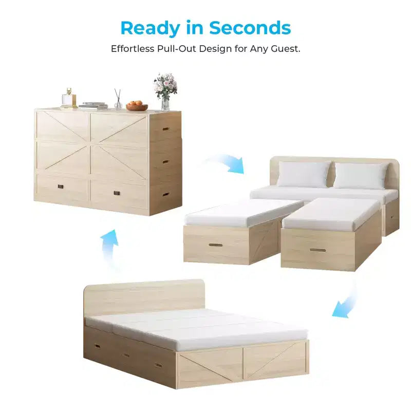 Letto Murphy trasformabile a grandezza naturale con materasso e cassetti, senza sponde, 4 finiture, telaio in legno massello