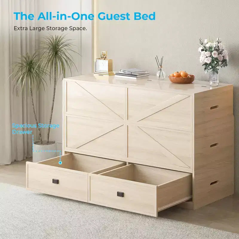 Letto Murphy trasformabile a grandezza naturale con materasso e cassetti, senza sponde, 4 finiture, telaio in legno massello