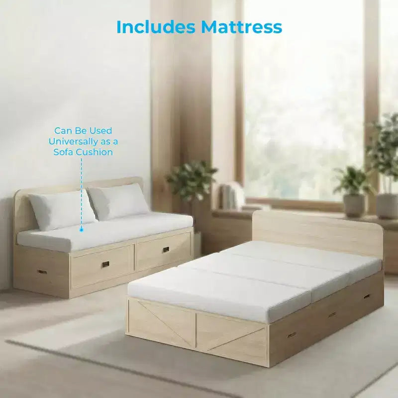 Letto Murphy trasformabile a grandezza naturale con materasso e cassetti, senza sponde, 4 finiture, telaio in legno massello