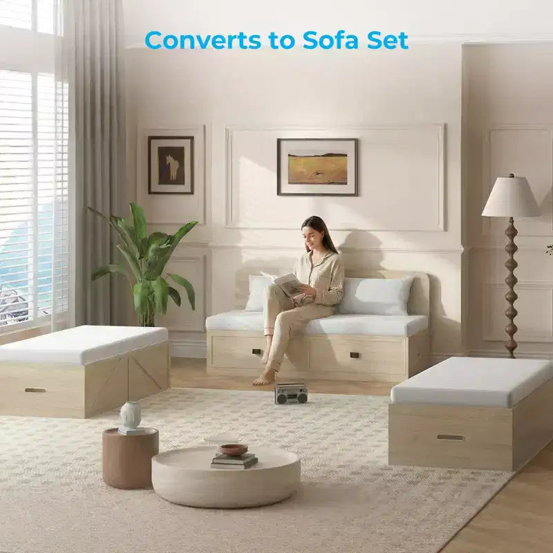 Letto Murphy trasformabile a grandezza naturale con materasso e cassetti, senza sponde, 4 finiture, telaio in legno massello