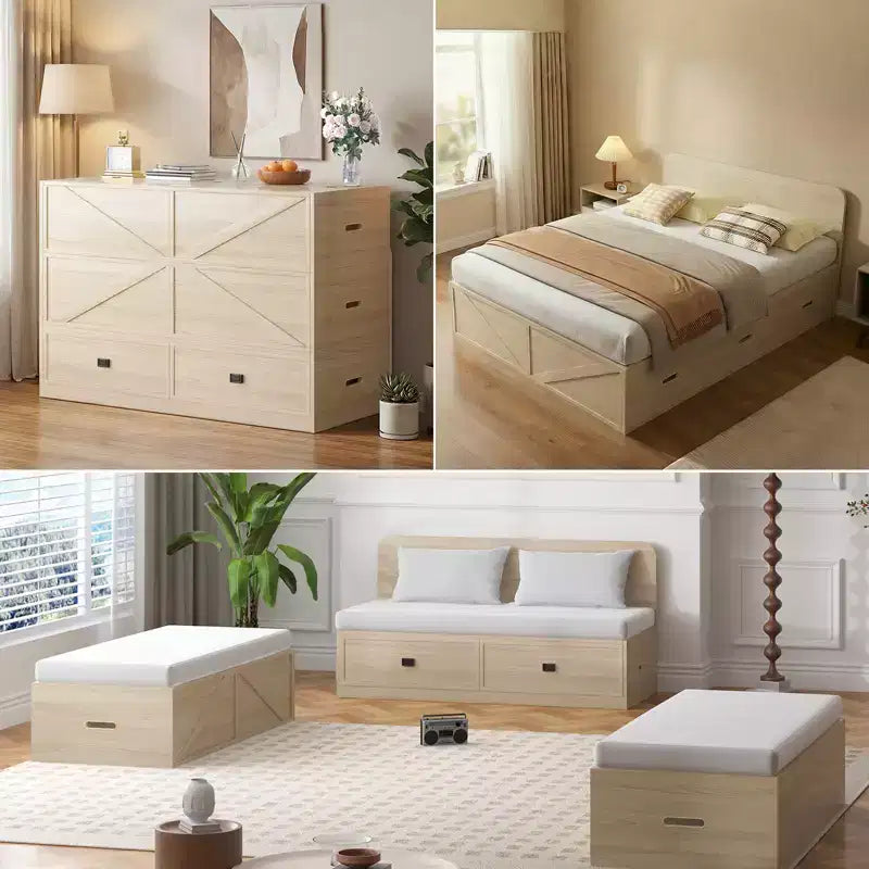 Letto Murphy trasformabile a grandezza naturale con materasso e cassetti, senza sponde, 4 finiture, telaio in legno massello
