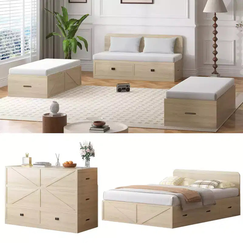 Letto Murphy trasformabile a grandezza naturale con materasso e cassetti, senza sponde, 4 finiture, telaio in legno massello