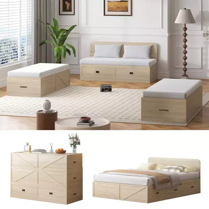 Letto Murphy trasformabile a grandezza naturale con materasso e cassetti, senza sponde, 4 finiture, telaio in legno massello