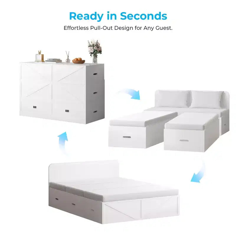 Letto Murphy trasformabile a grandezza naturale con materasso e cassetti, senza sponde, 4 finiture, telaio in legno massello