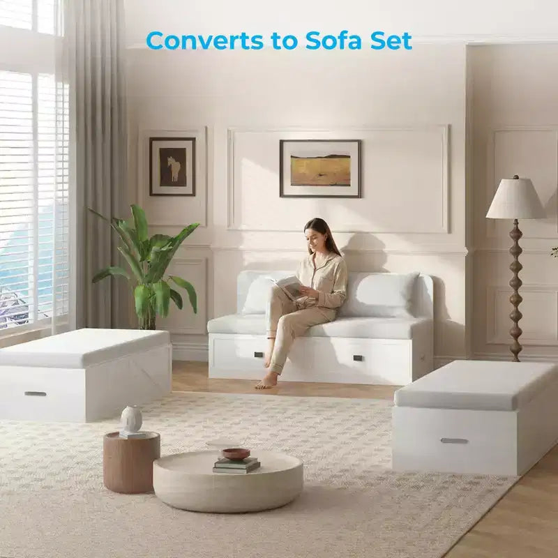 Letto Murphy trasformabile a grandezza naturale con materasso e cassetti, senza sponde, 4 finiture, telaio in legno massello