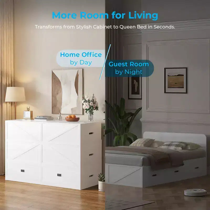 Letto Murphy trasformabile a grandezza naturale con materasso e cassetti, senza sponde, 4 finiture, telaio in legno massello