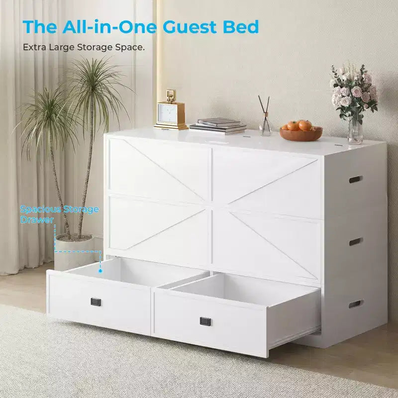 Letto Murphy trasformabile a grandezza naturale con materasso e cassetti, senza sponde, 4 finiture, telaio in legno massello