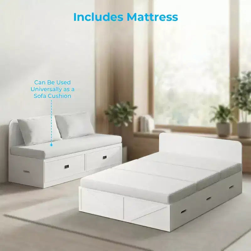 Letto Murphy trasformabile a grandezza naturale con materasso e cassetti, senza sponde, 4 finiture, telaio in legno massello