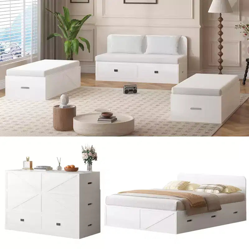 Letto Murphy trasformabile a grandezza naturale con materasso e cassetti, senza sponde, 4 finiture, telaio in legno massello