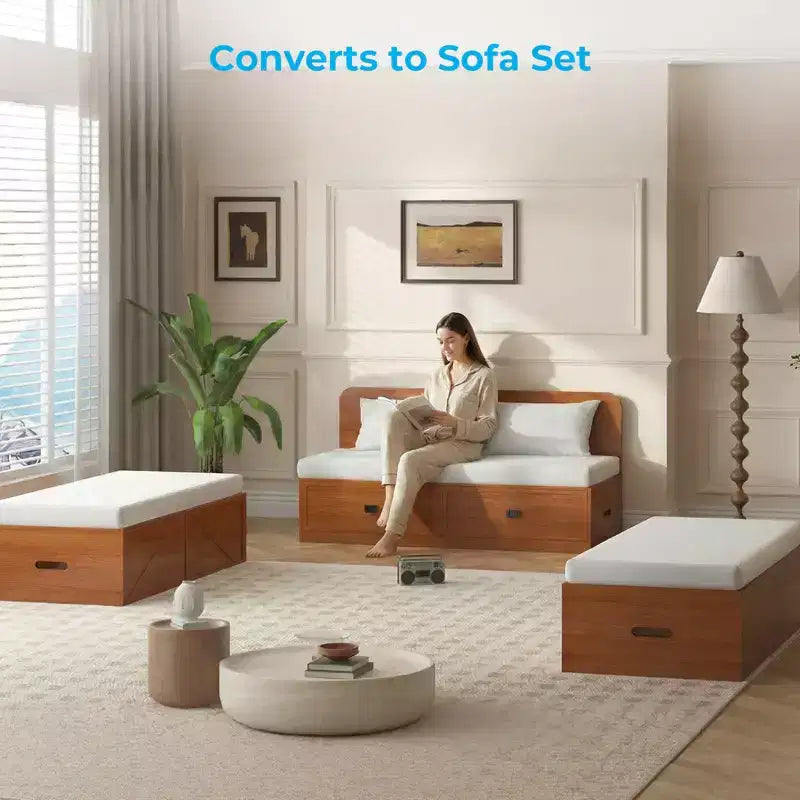 Letto Murphy trasformabile a grandezza naturale con materasso e cassetti, senza sponde, 4 finiture, telaio in legno massello