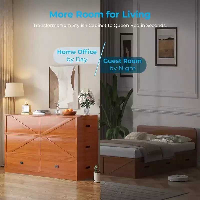 Letto Murphy trasformabile a grandezza naturale con materasso e cassetti, senza sponde, 4 finiture, telaio in legno massello