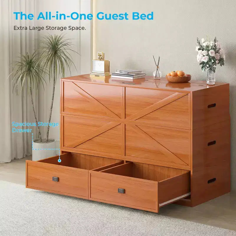 Letto Murphy trasformabile a grandezza naturale con materasso e cassetti, senza sponde, 4 finiture, telaio in legno massello