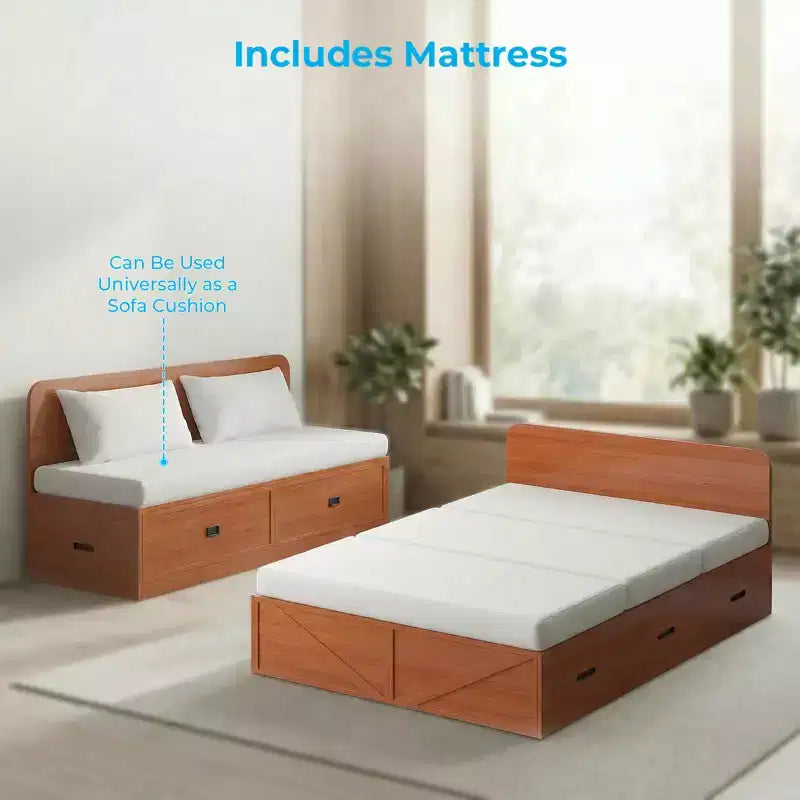 Letto Murphy trasformabile a grandezza naturale con materasso e cassetti, senza sponde, 4 finiture, telaio in legno massello