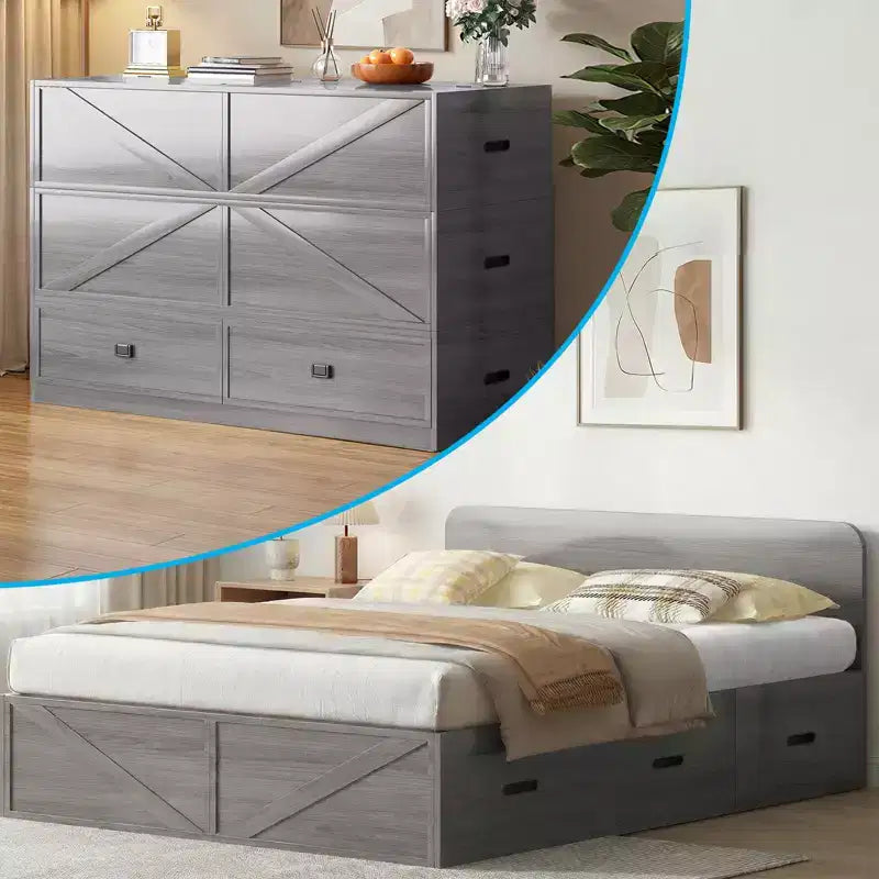 Letto Murphy trasformabile a grandezza naturale con materasso e cassetti, senza sponde, 4 finiture, telaio in legno massello