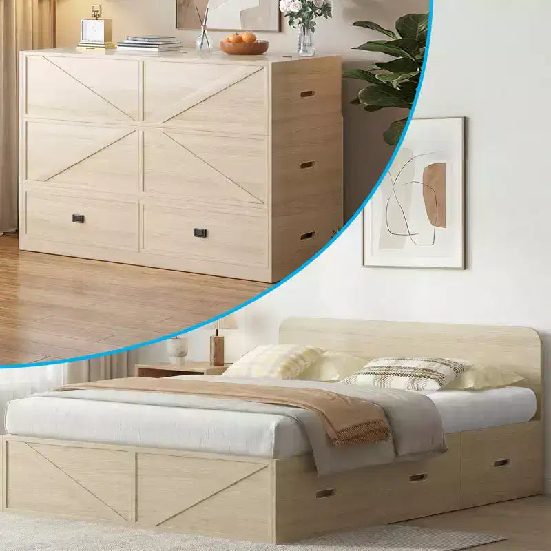 Letto Murphy trasformabile a grandezza naturale con materasso e cassetti, senza sponde, 4 finiture, telaio in legno massello