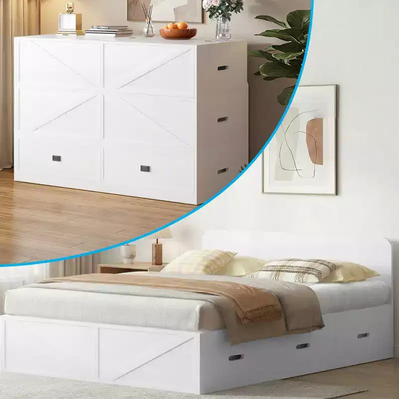 Letto Murphy trasformabile a grandezza naturale con materasso e cassetti, senza sponde, 4 finiture, telaio in legno massello