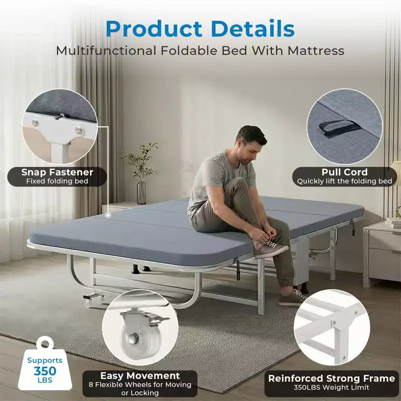 Letto Pieghevole per Ospiti con Materasso in Memory Foam, Portata 158 kg, Ruote Girevoli a 360°, Design Compatto