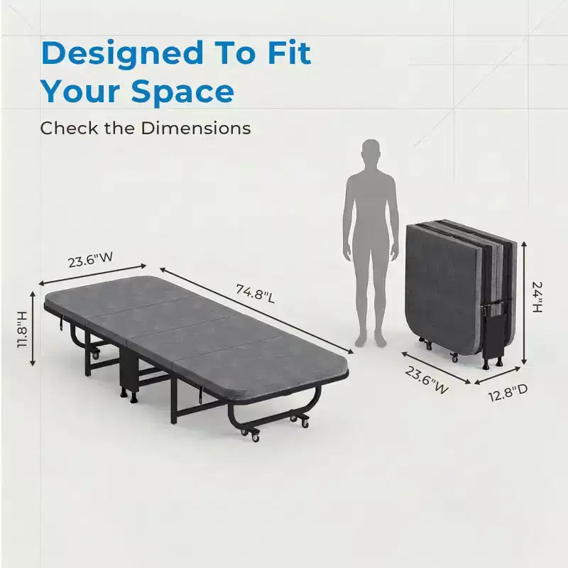 Letto Pieghevole per Ospiti con Materasso in Memory Foam, Portata 158 kg, Ruote Girevoli a 360°, Design Compatto