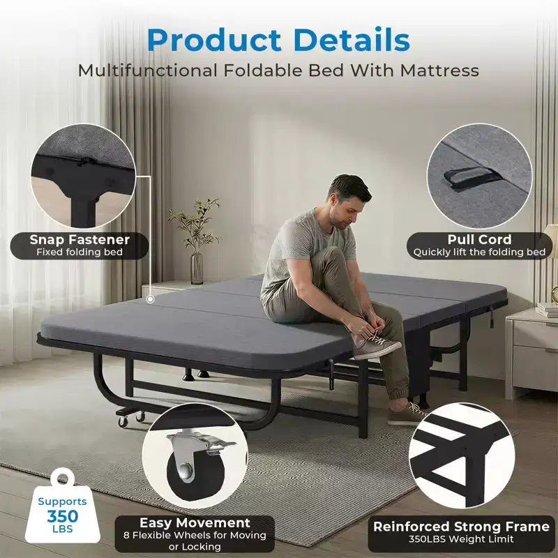 Letto Pieghevole per Ospiti con Materasso in Memory Foam, Portata 158 kg, Ruote Girevoli a 360°, Design Compatto