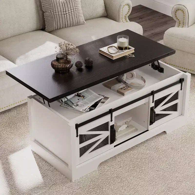 47.2 in Farmhouse Rustic Lift Top Coffee Table, Multifunction Center Table with Sliding Barn Door, Lifting Table Top & Adjustable Shelf
