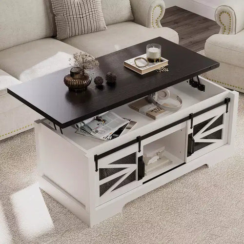 47.2 in Farmhouse Rustic Lift Top Coffee Table, Multifunction Center Table with Sliding Barn Door, Lifting Table Top & Adjustable Shelf