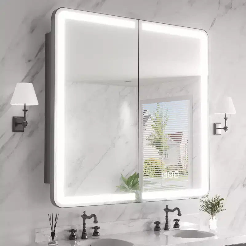 FAMYYT 36 in. W x 32 in. H Rectangular Iron Medicine Cabinet with Mirror, Dimmable LED Light, Anti-Fog and Outlets - Fully Assemble