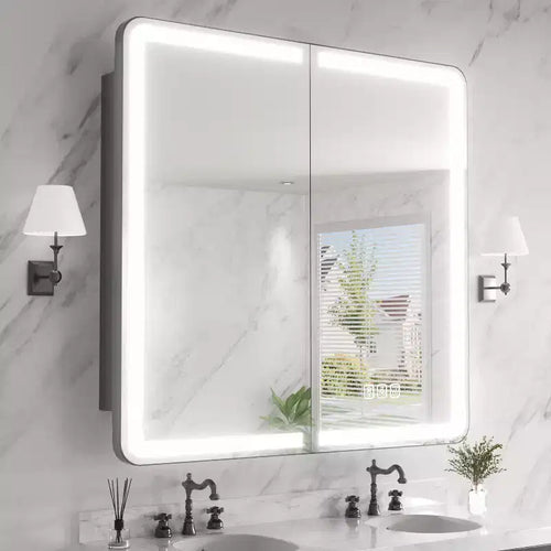 FAMYYT 36 in. W x 32 in. H Rectangular Iron Medicine Cabinet with Mirror, Dimmable LED Light, Anti-Fog and Outlets - Fully Assemble