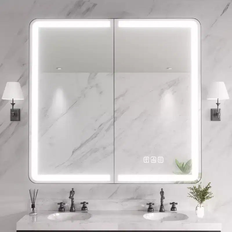 Armadietto dei medicinali rettangolare in ferro da 36 pollici L x 32 pollici A con specchio, luce LED dimmerabile, antiappannamento e prese di corrente
