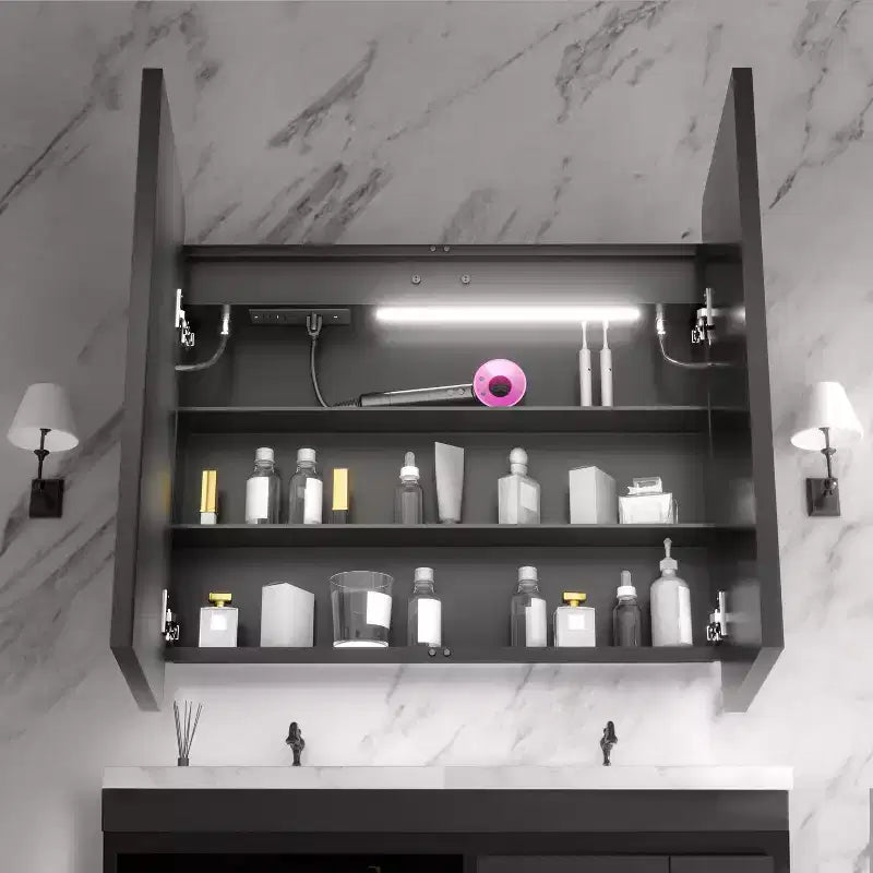 Armadietto dei medicinali rettangolare in ferro da 36 pollici L x 32 pollici A con specchio, luce LED dimmerabile, antiappannamento e prese di corrente