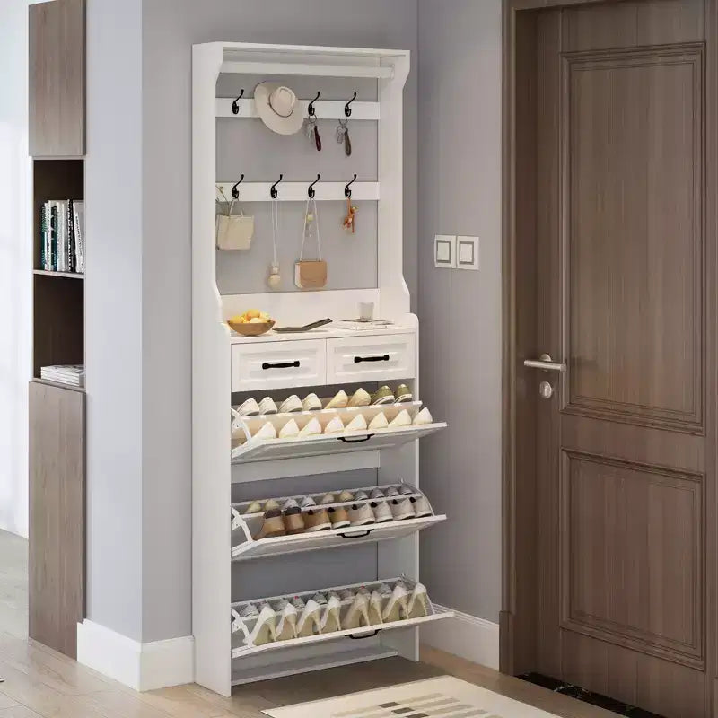 GDFStudio Svetlana Modern 87H Wooden Shoe Cabinet with 3 Doors, 2 Drawers and Hangers