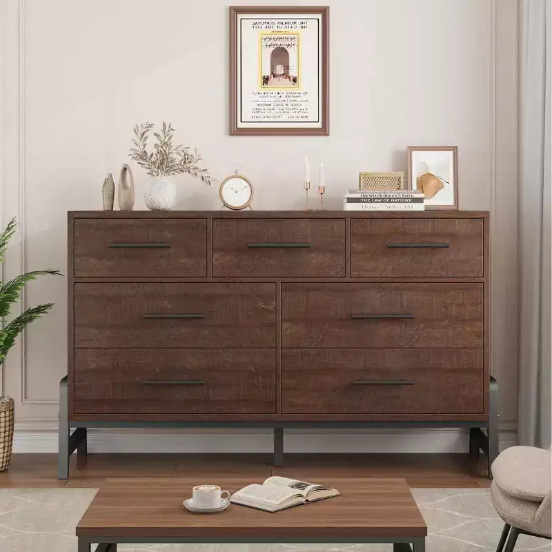 Comò a 7 cassetti con contenitore, cassettiera indipendente in legno da 132 cm per camera da letto o soggiorno