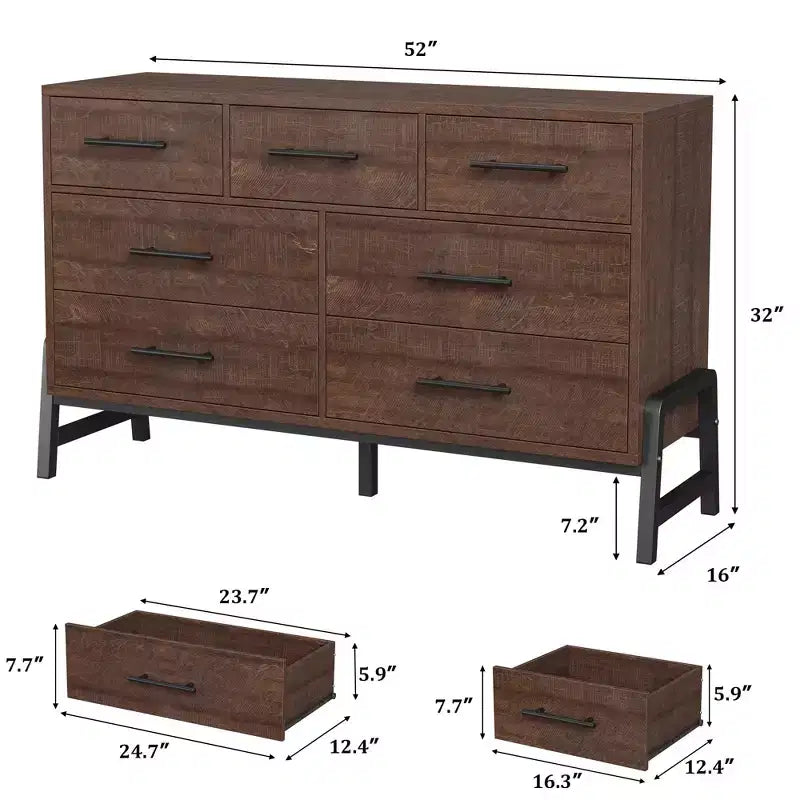 Comò a 7 cassetti con contenitore, cassettiera indipendente in legno da 132 cm per camera da letto o soggiorno