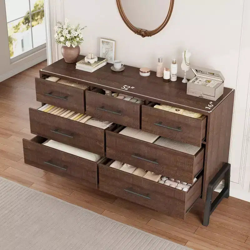 Comò a 7 cassetti con contenitore, cassettiera indipendente in legno da 132 cm per camera da letto o soggiorno