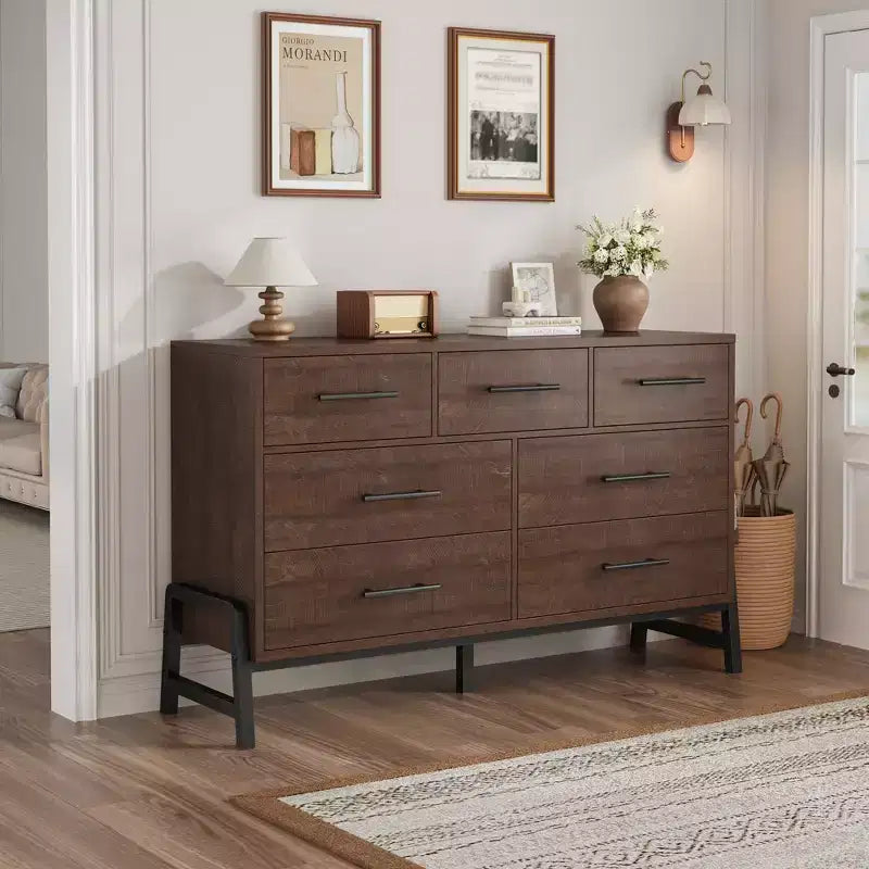 Comò a 7 cassetti con contenitore, cassettiera indipendente in legno da 132 cm per camera da letto o soggiorno