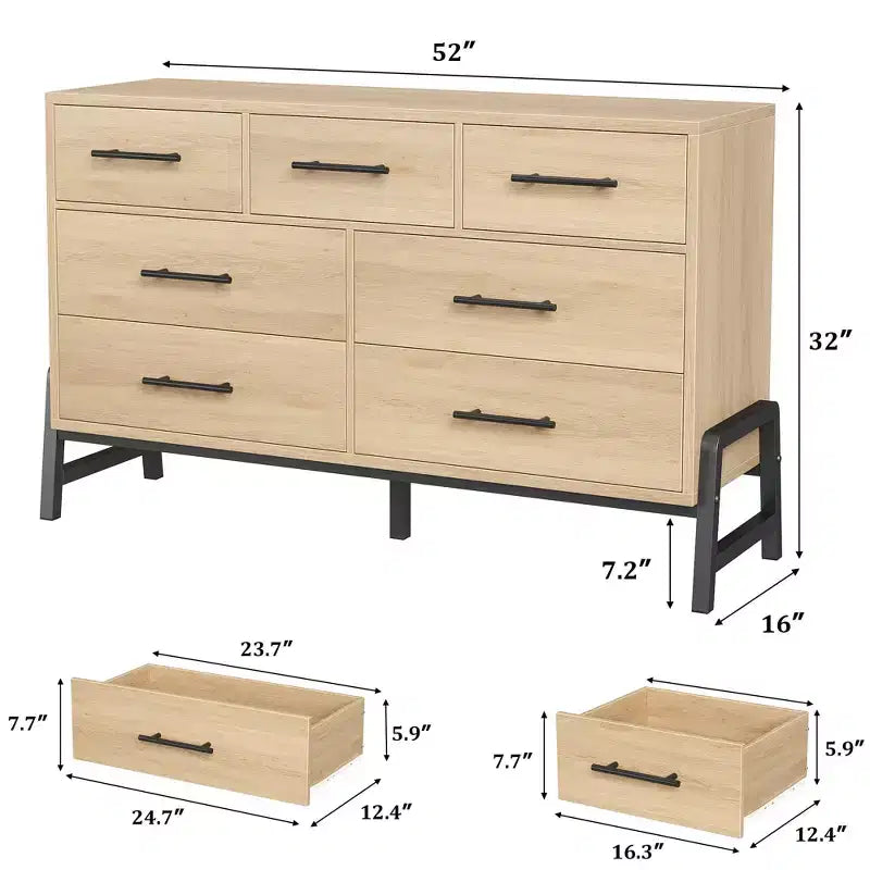 Comò a 7 cassetti con contenitore, cassettiera indipendente in legno da 132 cm per camera da letto o soggiorno
