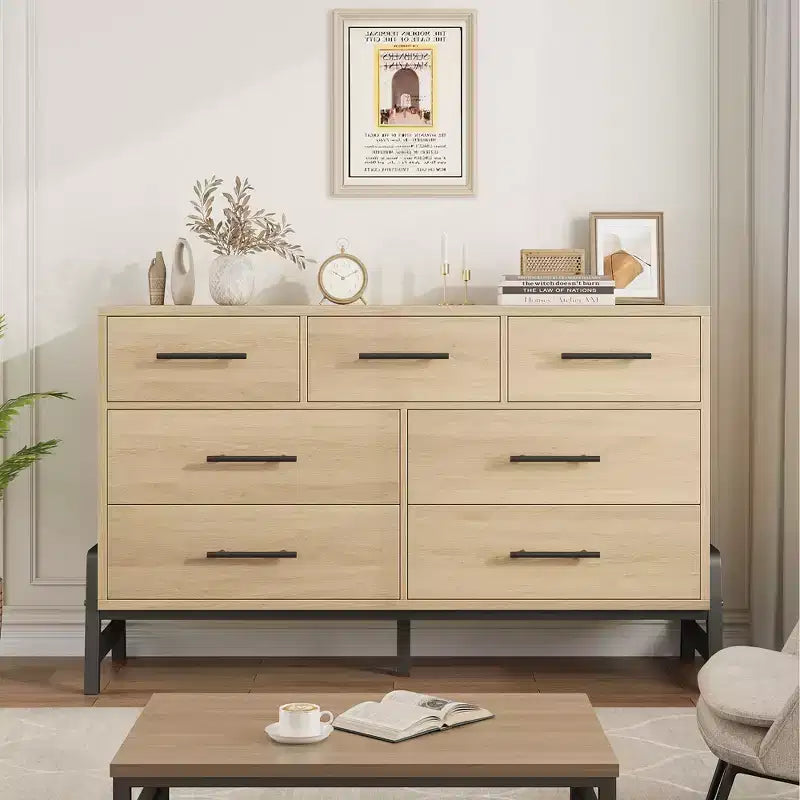Comò a 7 cassetti con contenitore, cassettiera indipendente in legno da 132 cm per camera da letto o soggiorno