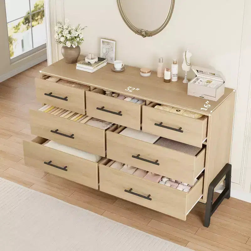 Comò a 7 cassetti con contenitore, cassettiera indipendente in legno da 132 cm per camera da letto o soggiorno