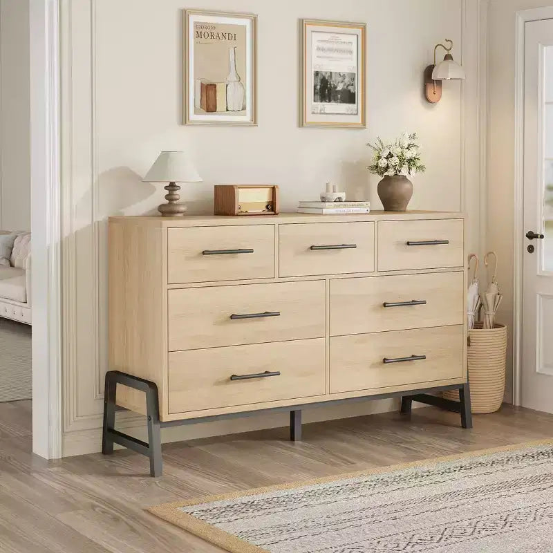 Comò a 7 cassetti con contenitore, cassettiera indipendente in legno da 132 cm per camera da letto o soggiorno