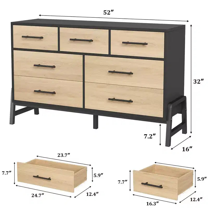 Comò a 7 cassetti con contenitore, cassettiera indipendente in legno da 132 cm per camera da letto o soggiorno