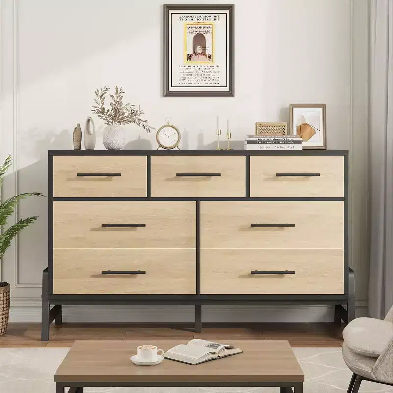 Comò a 7 cassetti con contenitore, cassettiera indipendente in legno da 132 cm per camera da letto o soggiorno