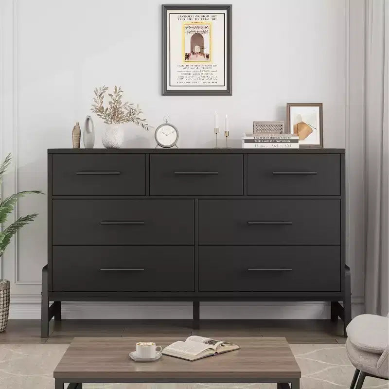 Comò a 7 cassetti con contenitore, cassettiera indipendente in legno da 132 cm per camera da letto o soggiorno